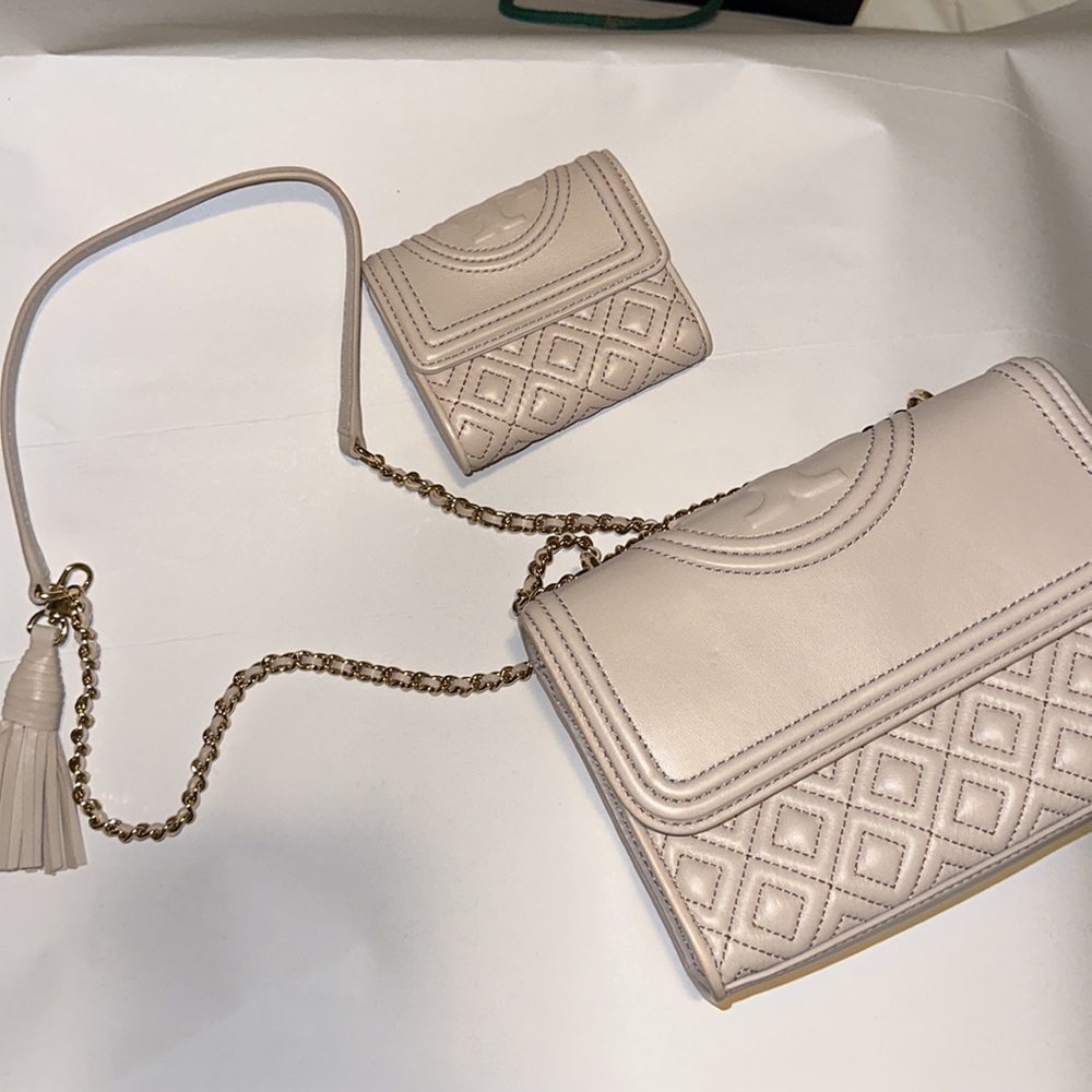 Tory Burch Fleming handbag with matching wallet nude
